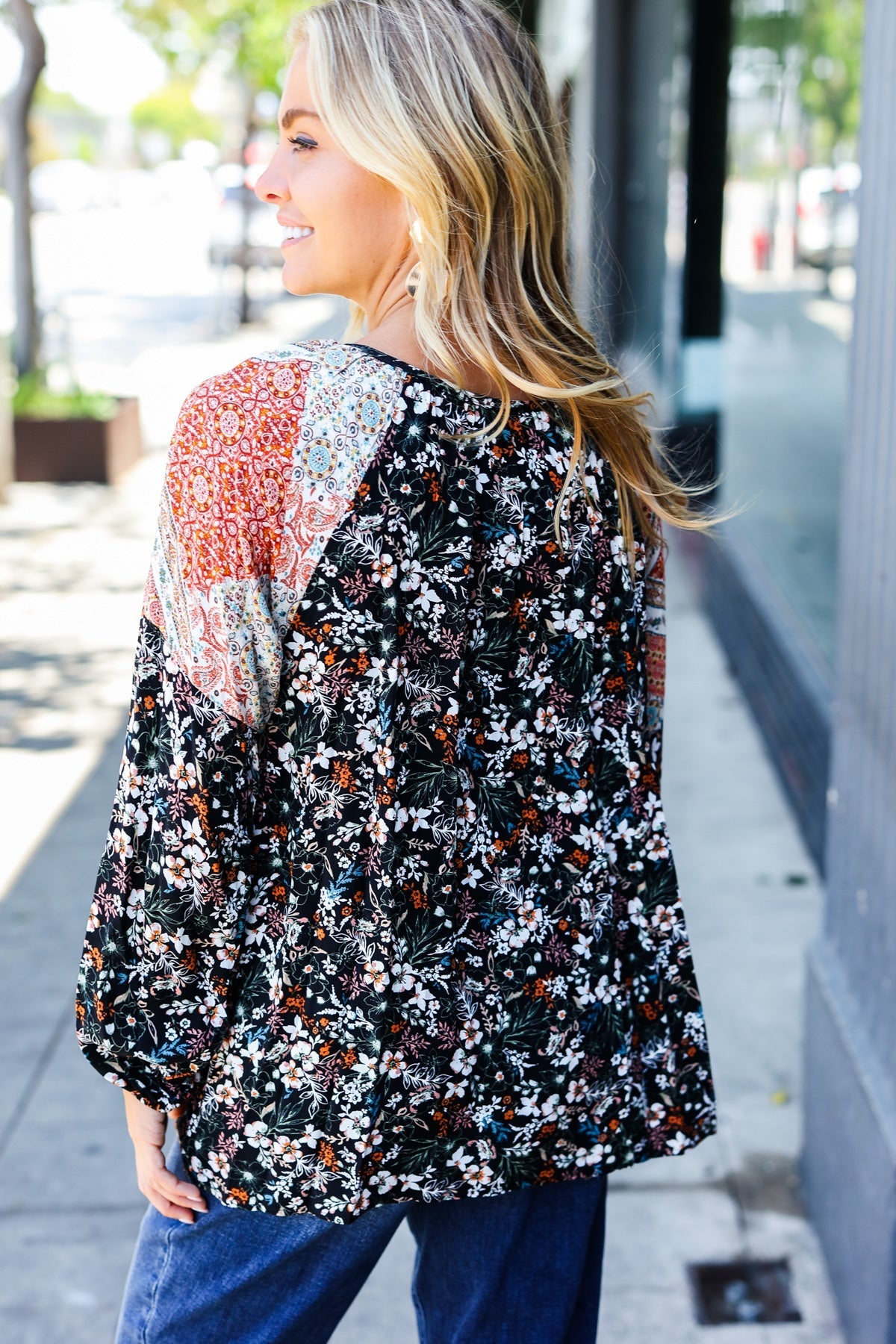 Boho Floral Ethnic Print Front Tie Woven Blouse (Open Pack)