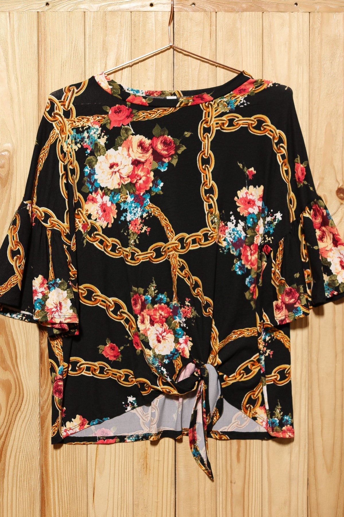Black Floral Bell Sleeve Front Tie Top (5pc)