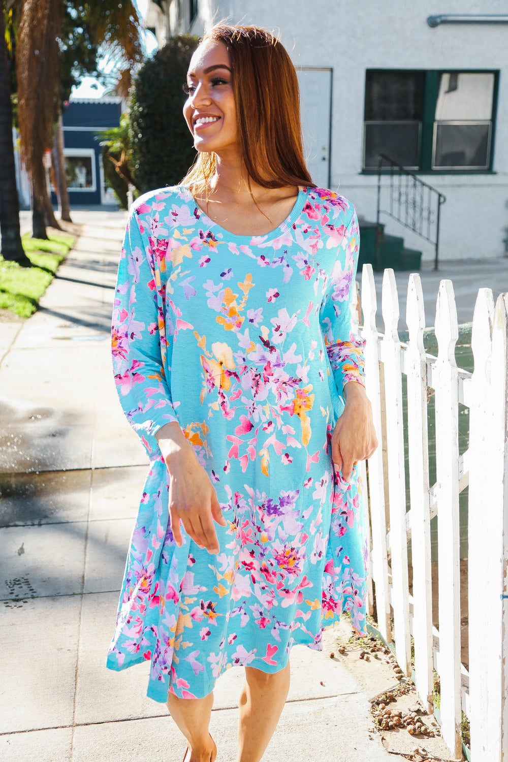 Aqua Floral Pocketed Dress
