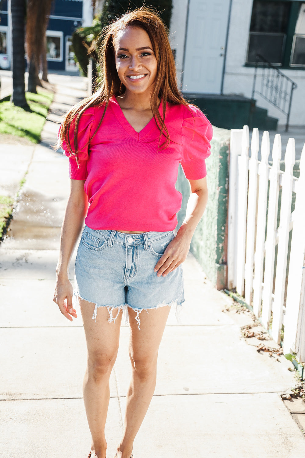 Be Bold Solid Fuchsia Shirred Puff Sleeve Sweater Top (Open Pack)