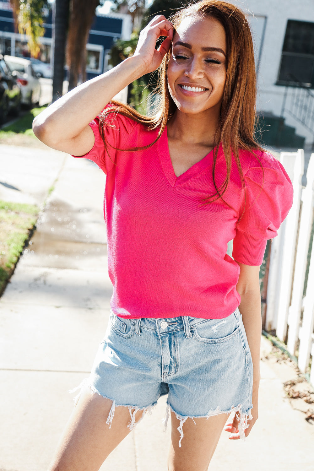 Be Bold Solid Fuchsia Shirred Puff Sleeve Sweater Top (Open Pack)