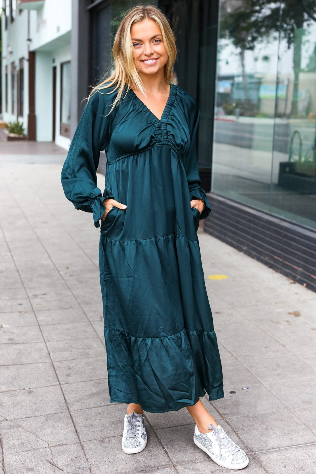 Elegant Hunter Green Elastic V Neck Tiered Satin Maxi Dress (Open Pack)