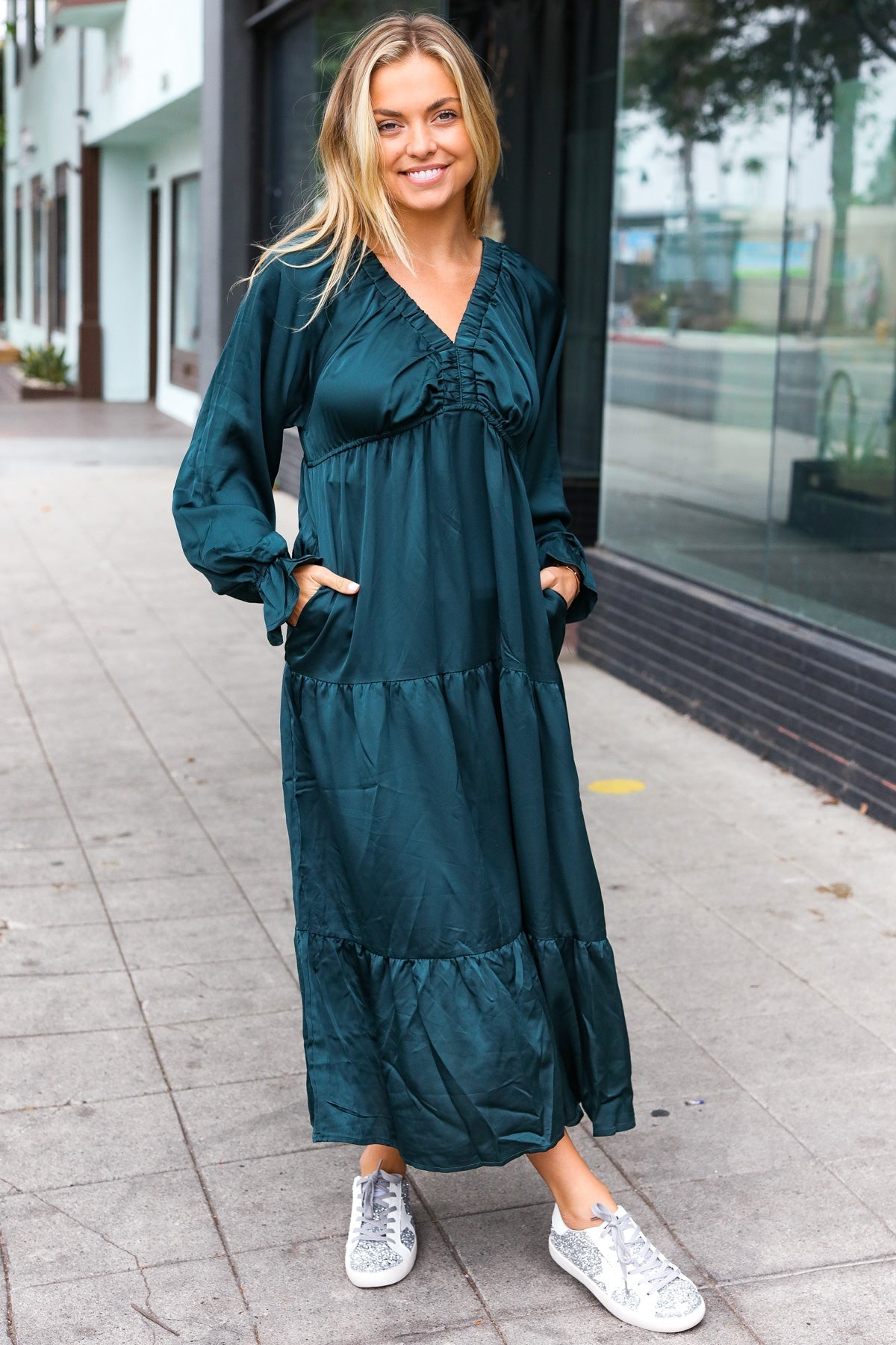 Elegant Hunter Green Elastic V Neck Tiered Satin Maxi Dress (Open Pack)