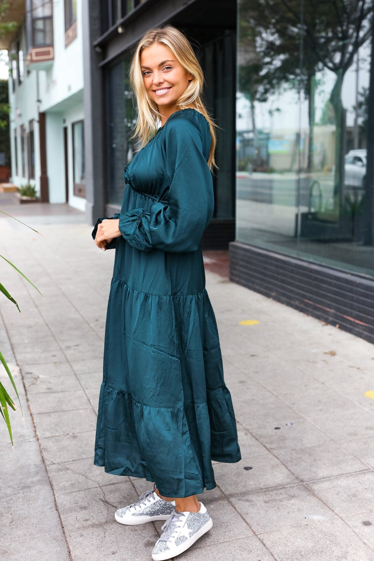 Elegant Hunter Green Elastic V Neck Tiered Satin Maxi Dress (Open Pack)