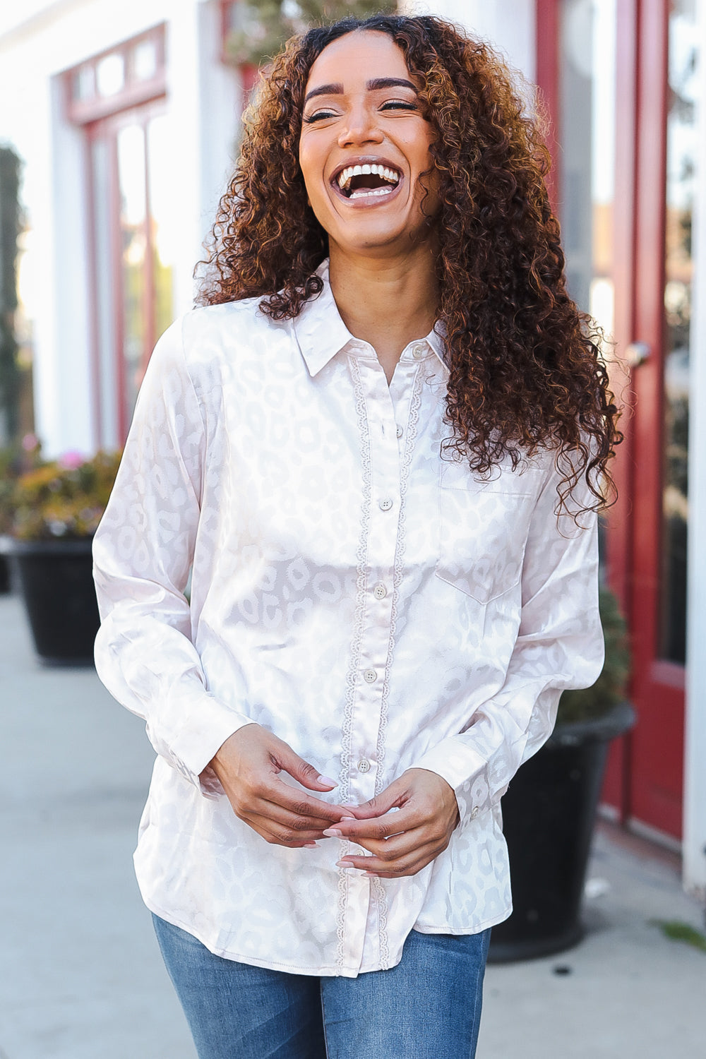 Beige Silky Animal Crochet Lined Button Top