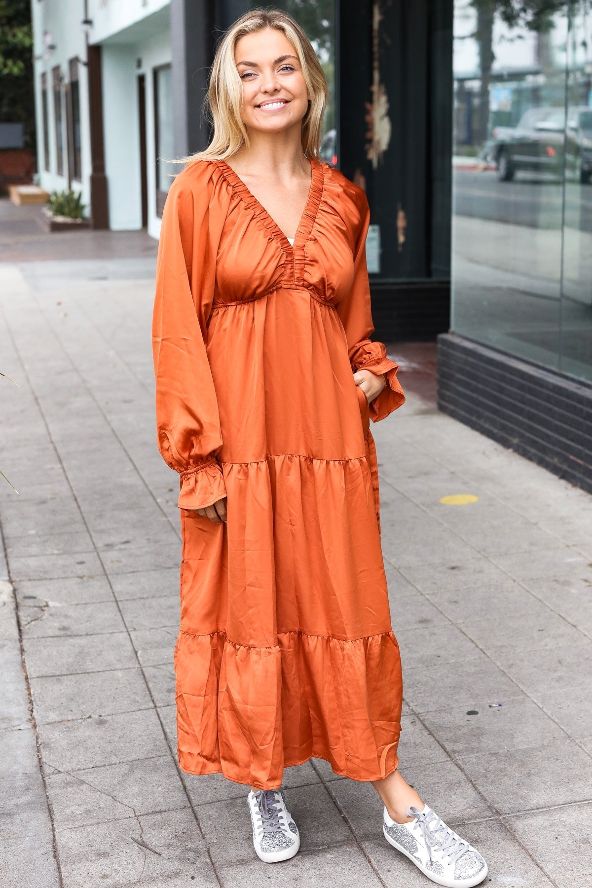 Elegant Rust Elastic V Neck Tiered Satin Maxi Dress (Open Pack)