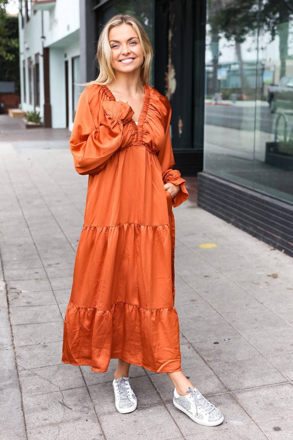 Elegant Rust Elastic V Neck Tiered Satin Maxi Dress (Open Pack)