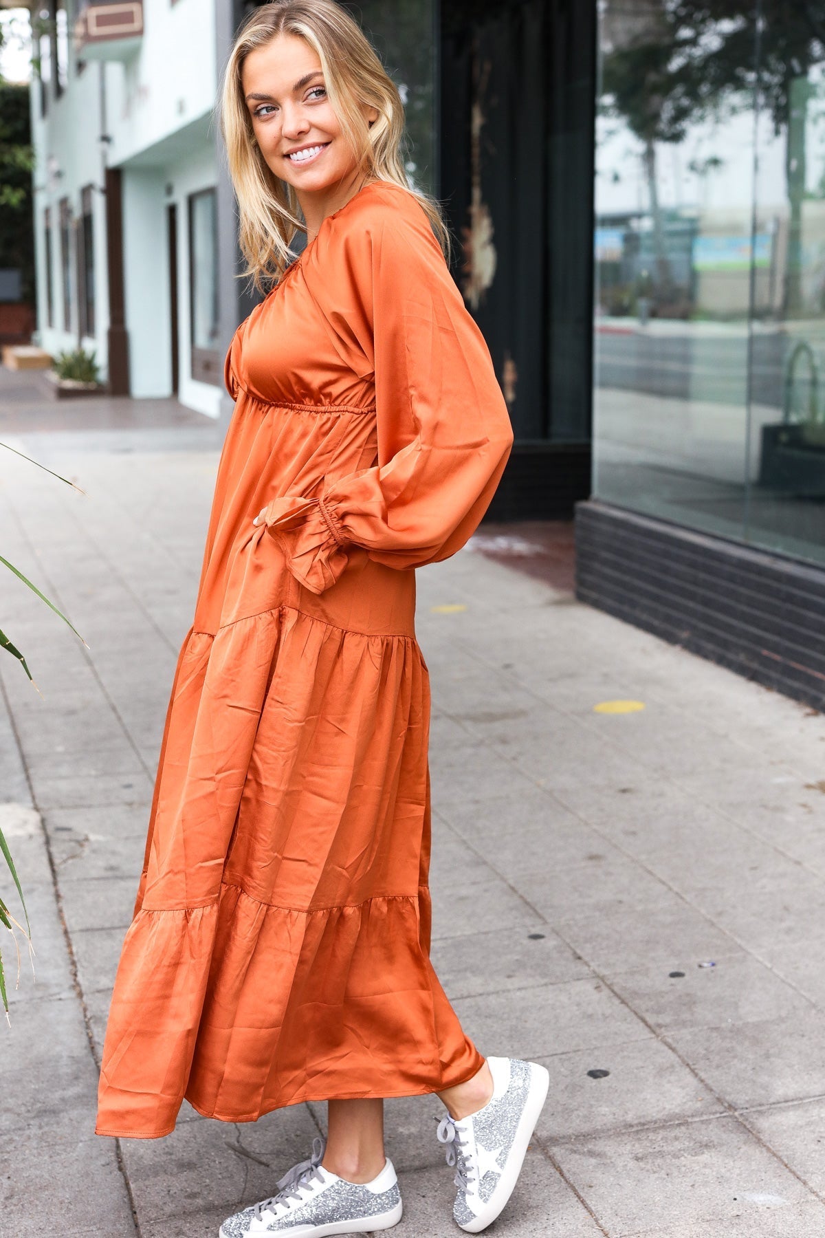 Elegant Rust Elastic V Neck Tiered Satin Maxi Dress (Open Pack)