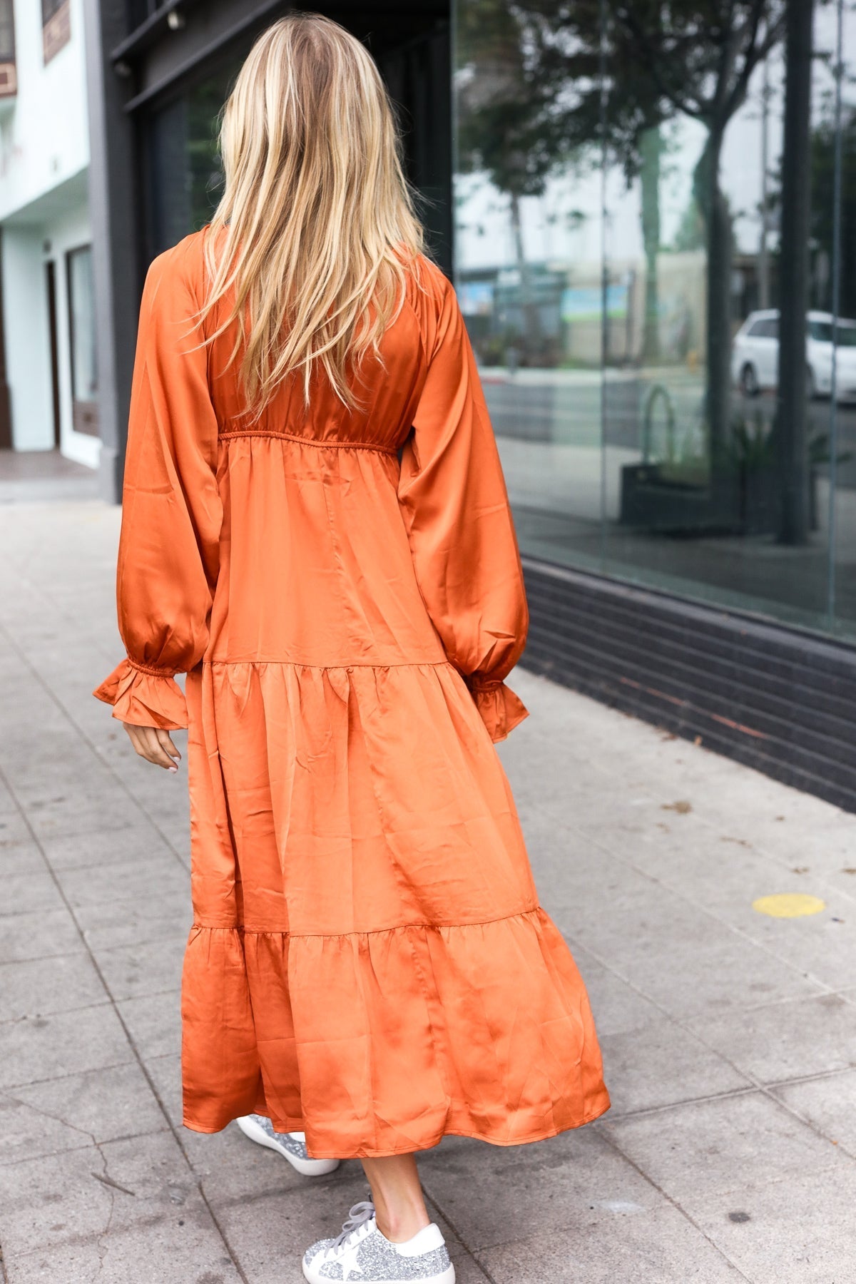 Elegant Rust Elastic V Neck Tiered Satin Maxi Dress (Open Pack)