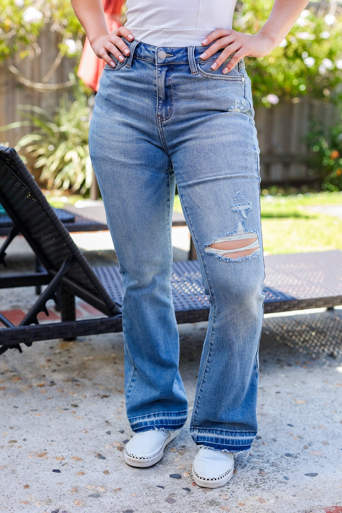 Judy Blue Medium Wash Mid Rise Release Hem Distressed Bootcut Jeans (Open Pack)