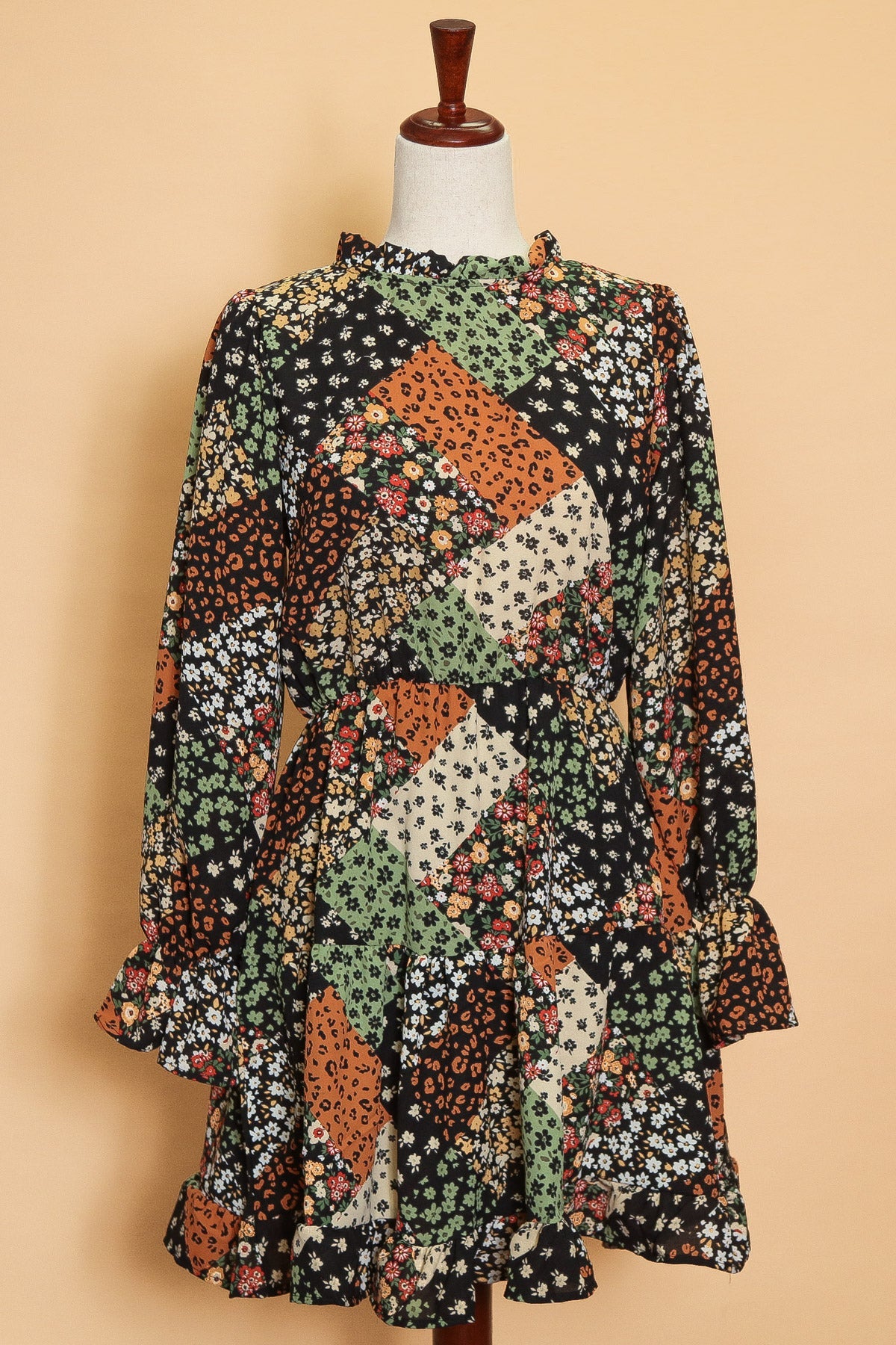 Multiprint Patchwork Ruffle Mock Neck Dress (5pc)