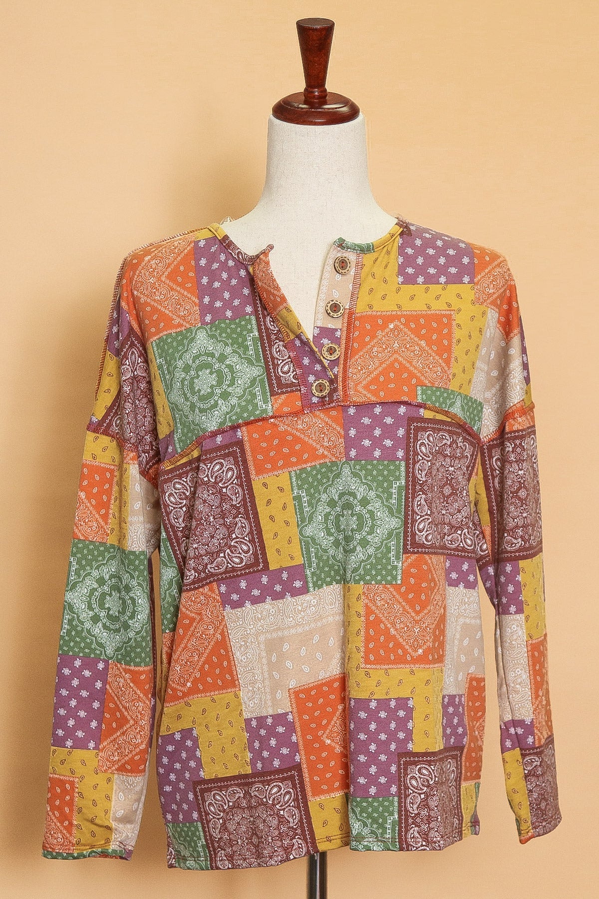 Patchwork Button Detail Long Sleeve Top