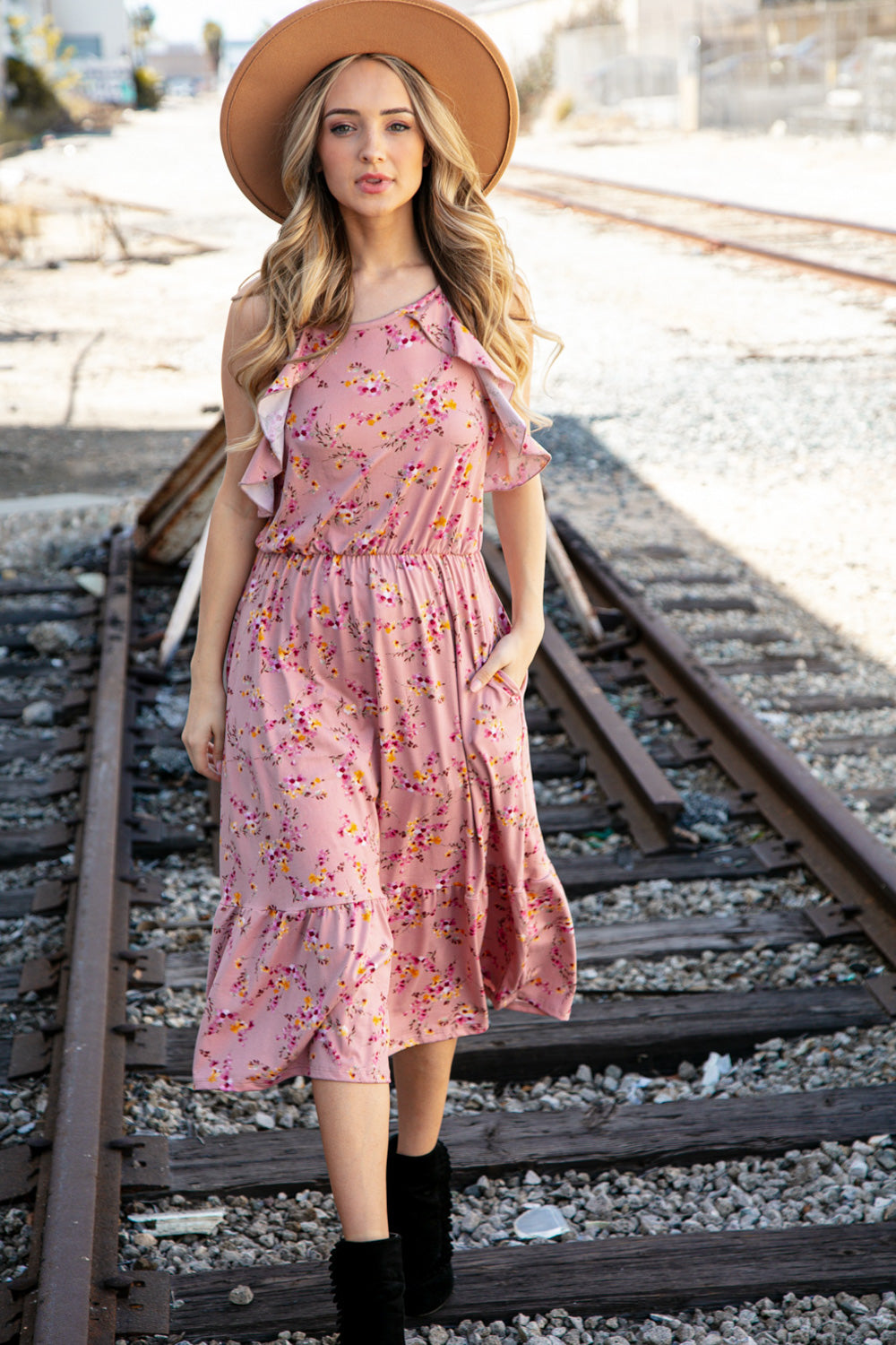 Rose Floral Halter Ruffle Hem Pocketed Midi Dress (Open Pack)