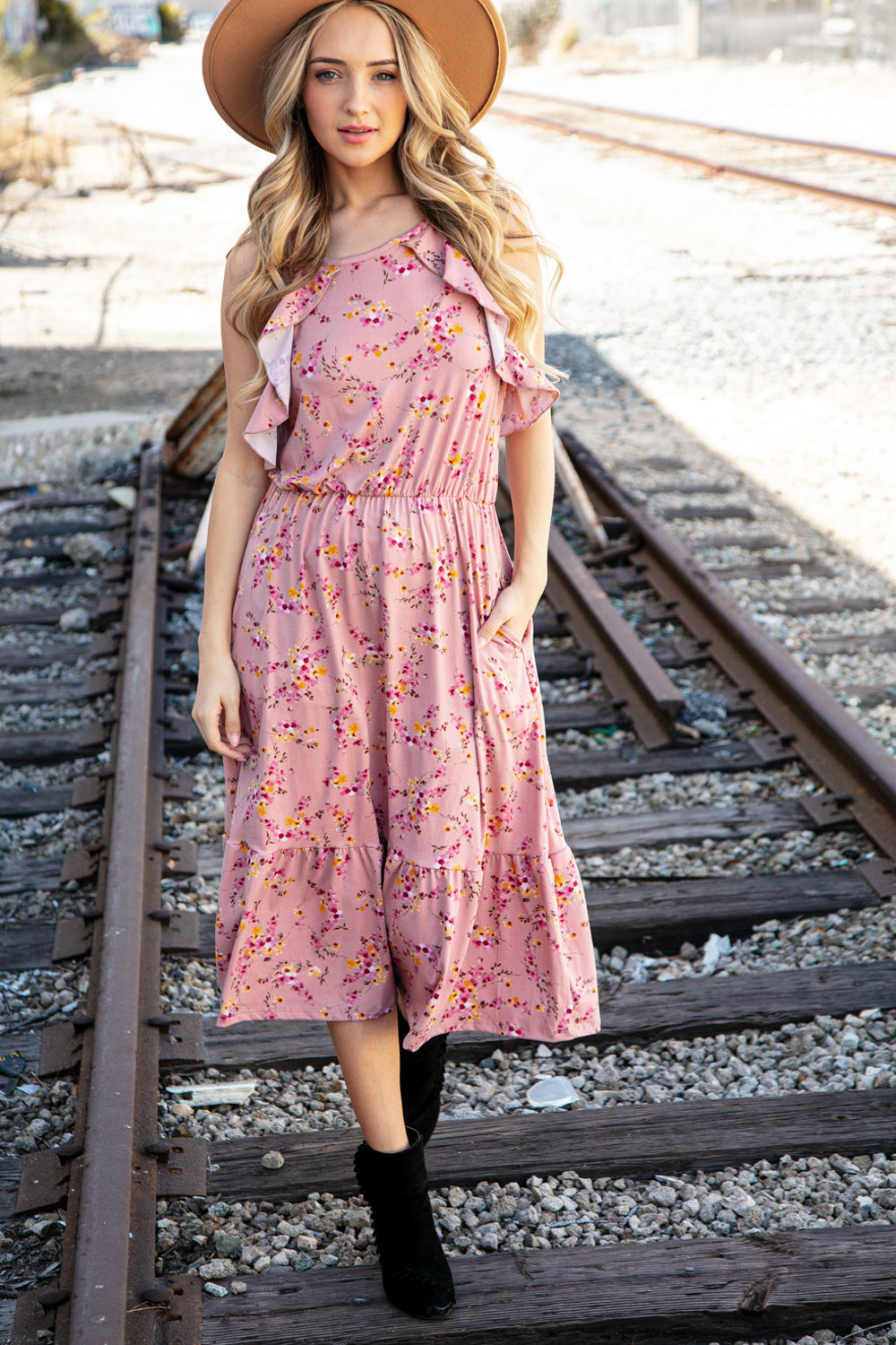 Rose Floral Halter Ruffle Hem Pocketed Midi Dress (Open Pack)