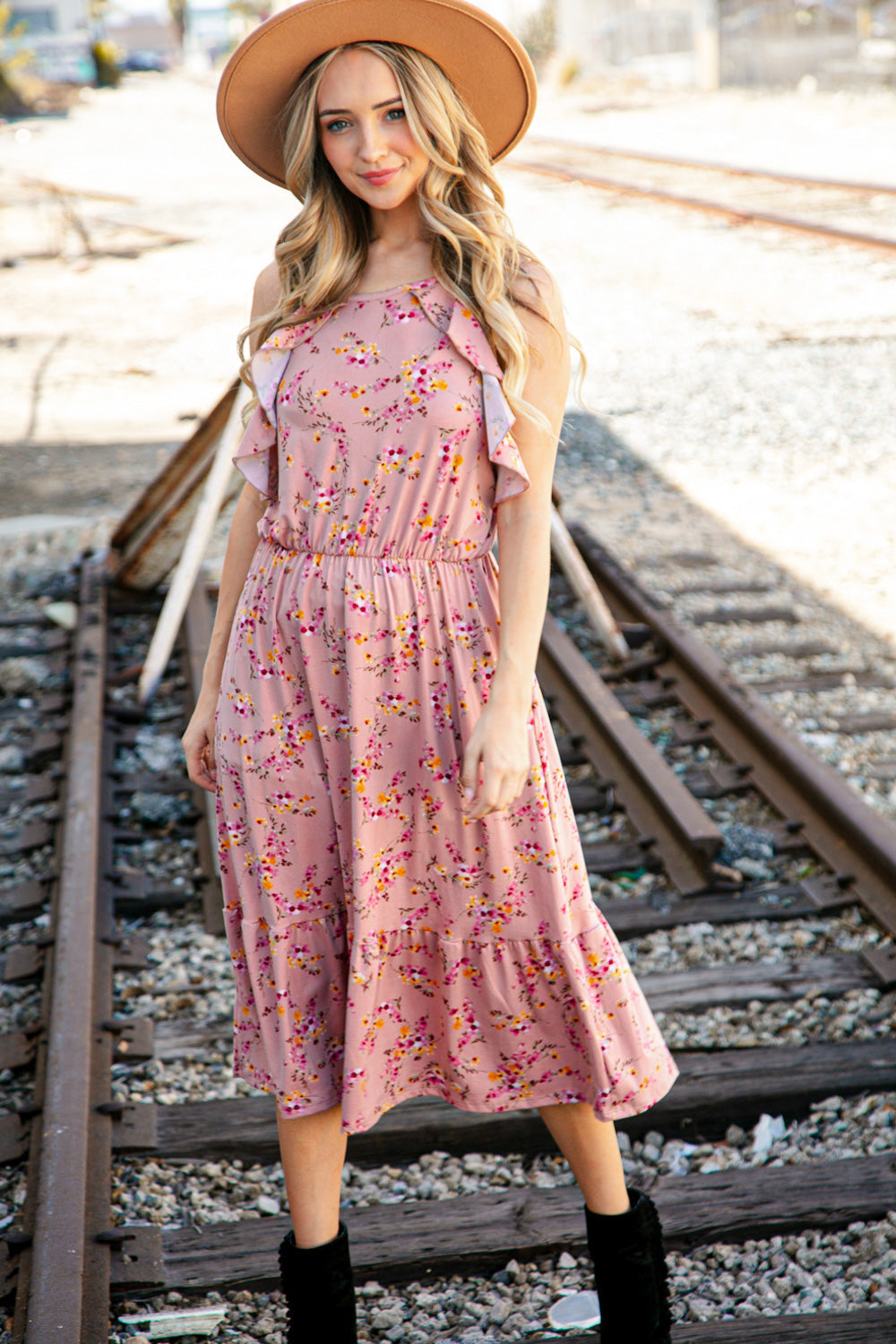 Rose Floral Halter Ruffle Hem Pocketed Midi Dress (Open Pack)