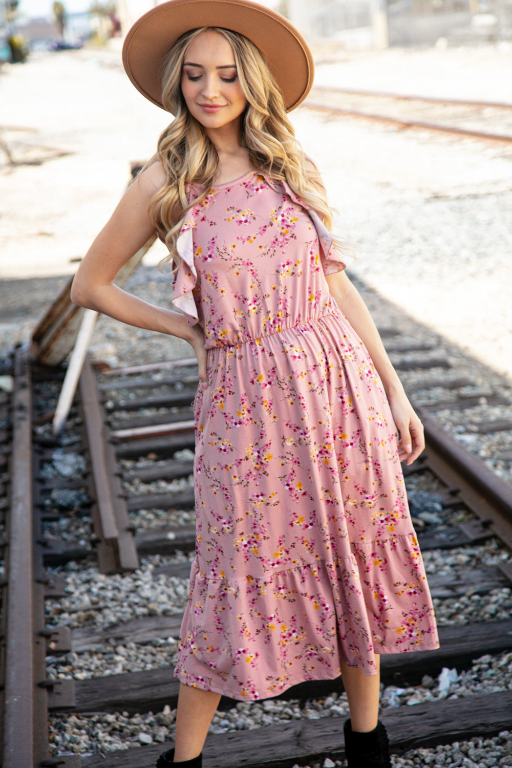 Rose Floral Halter Ruffle Hem Pocketed Midi Dress (Open Pack)