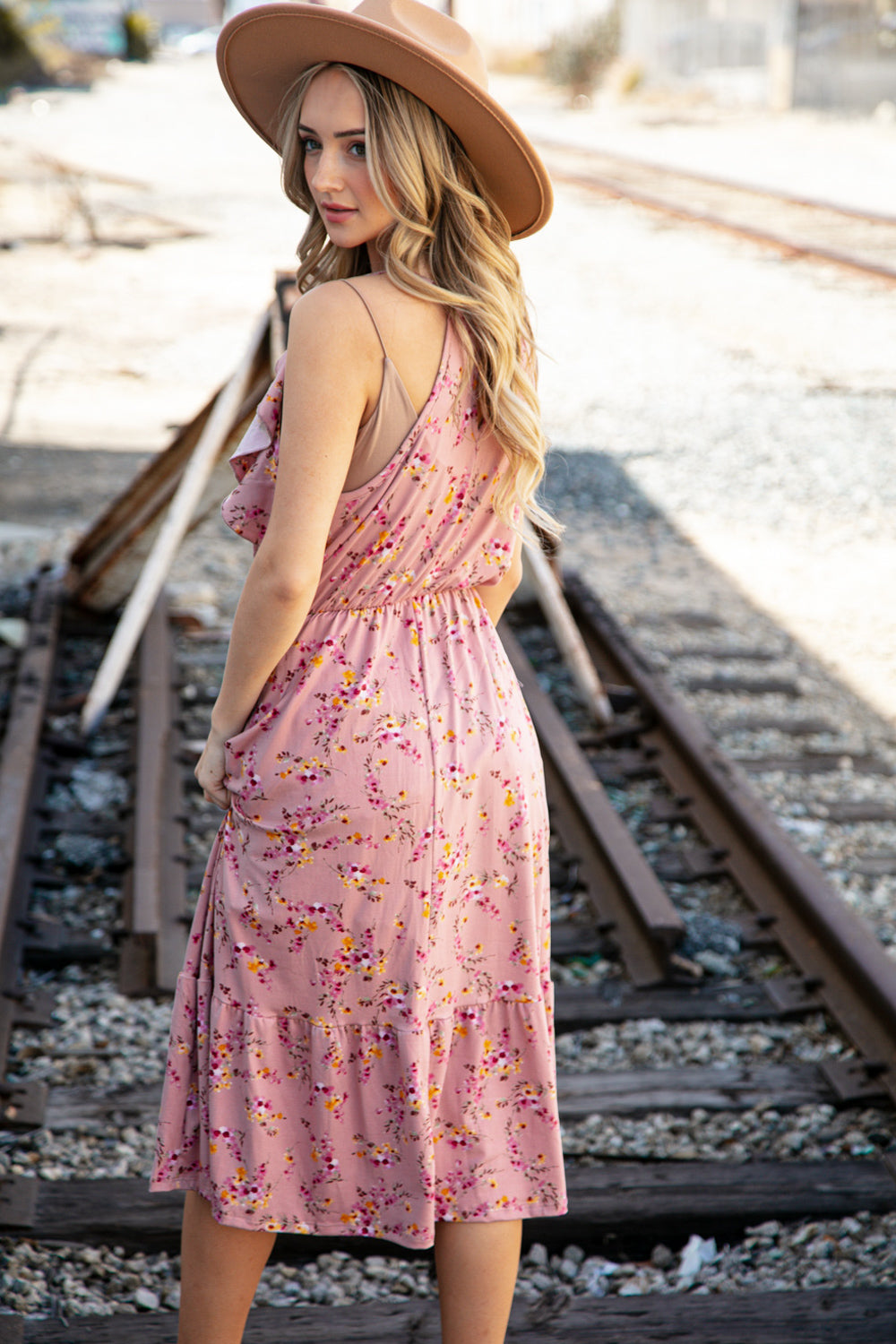 Rose Floral Halter Ruffle Hem Pocketed Midi Dress (Open Pack)