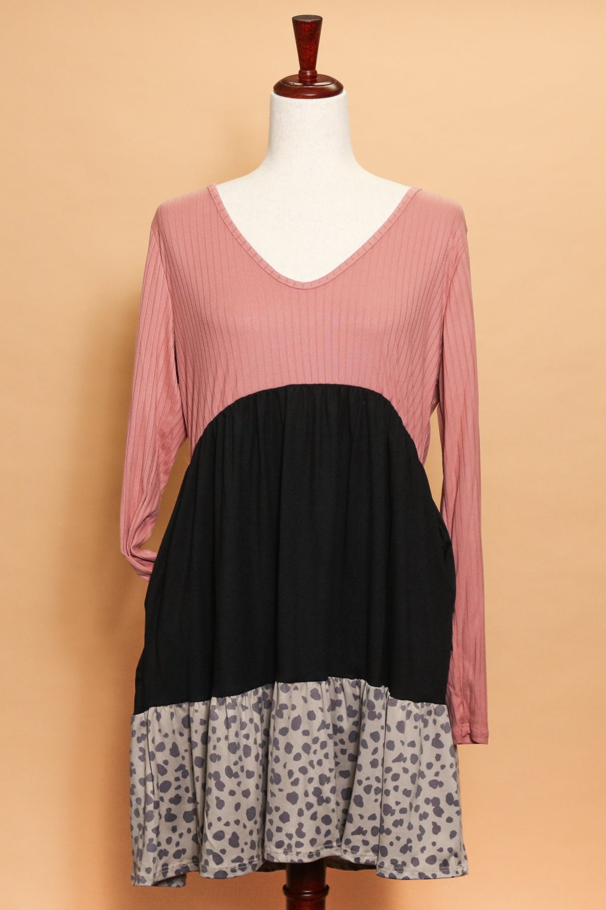 Mauve and Black Pocketed Color Block Animal Dress
