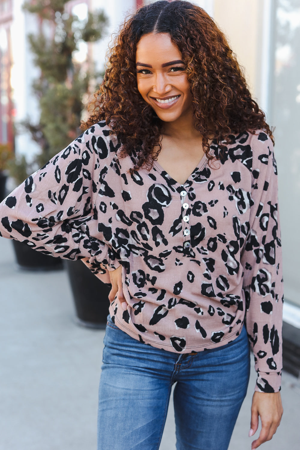 Be Bold Beige Rib Animal Print Button Placard Dolman Pullover (Open Pack)