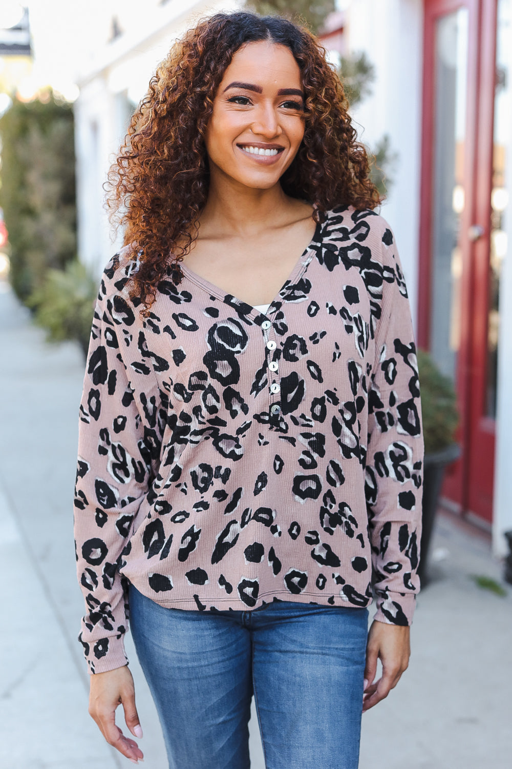 Be Bold Beige Rib Animal Print Button Placard Dolman Pullover (Open Pack)