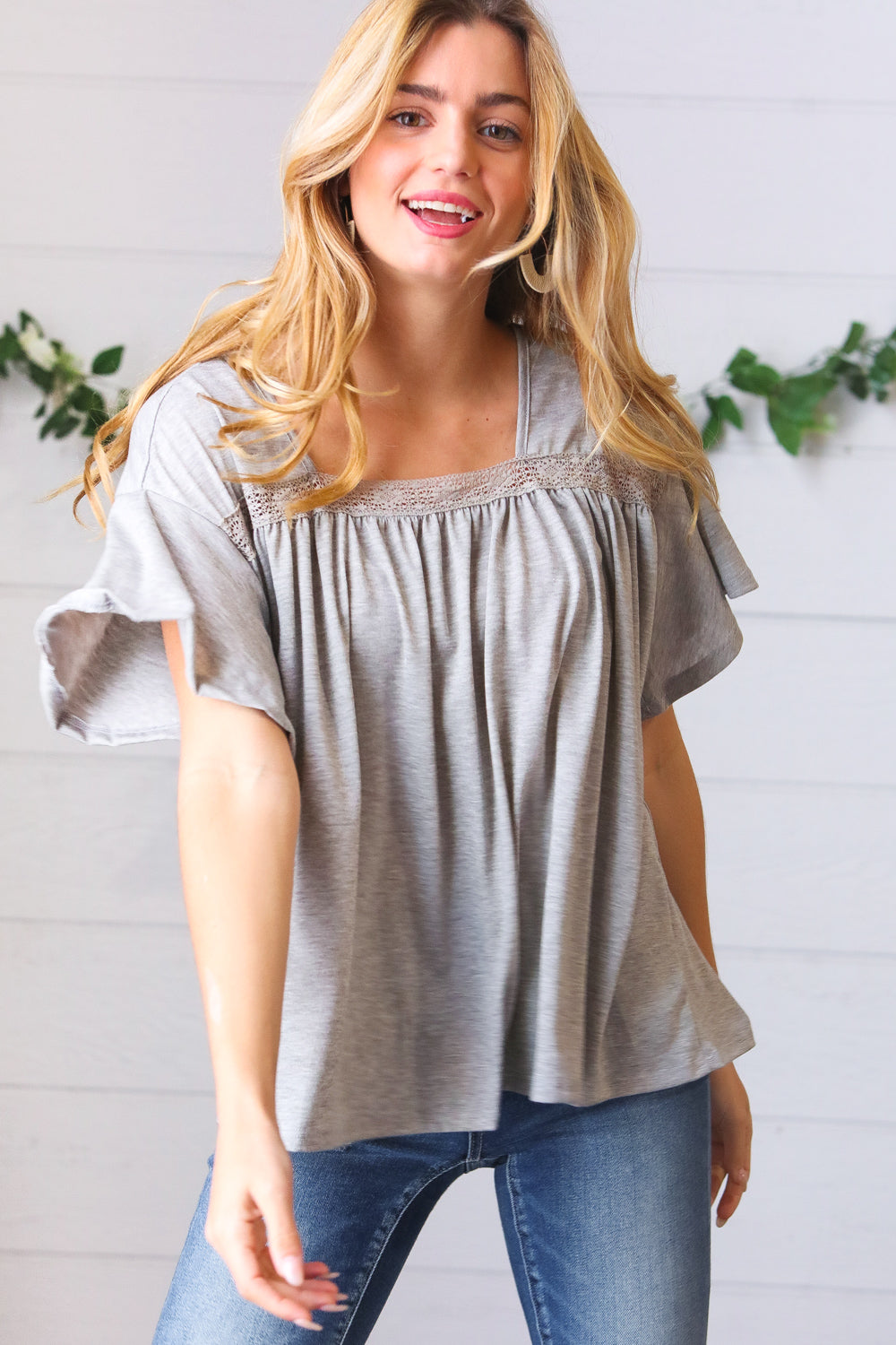 Grey Tie Back Crochet Square Neck Top (Open Pack)
