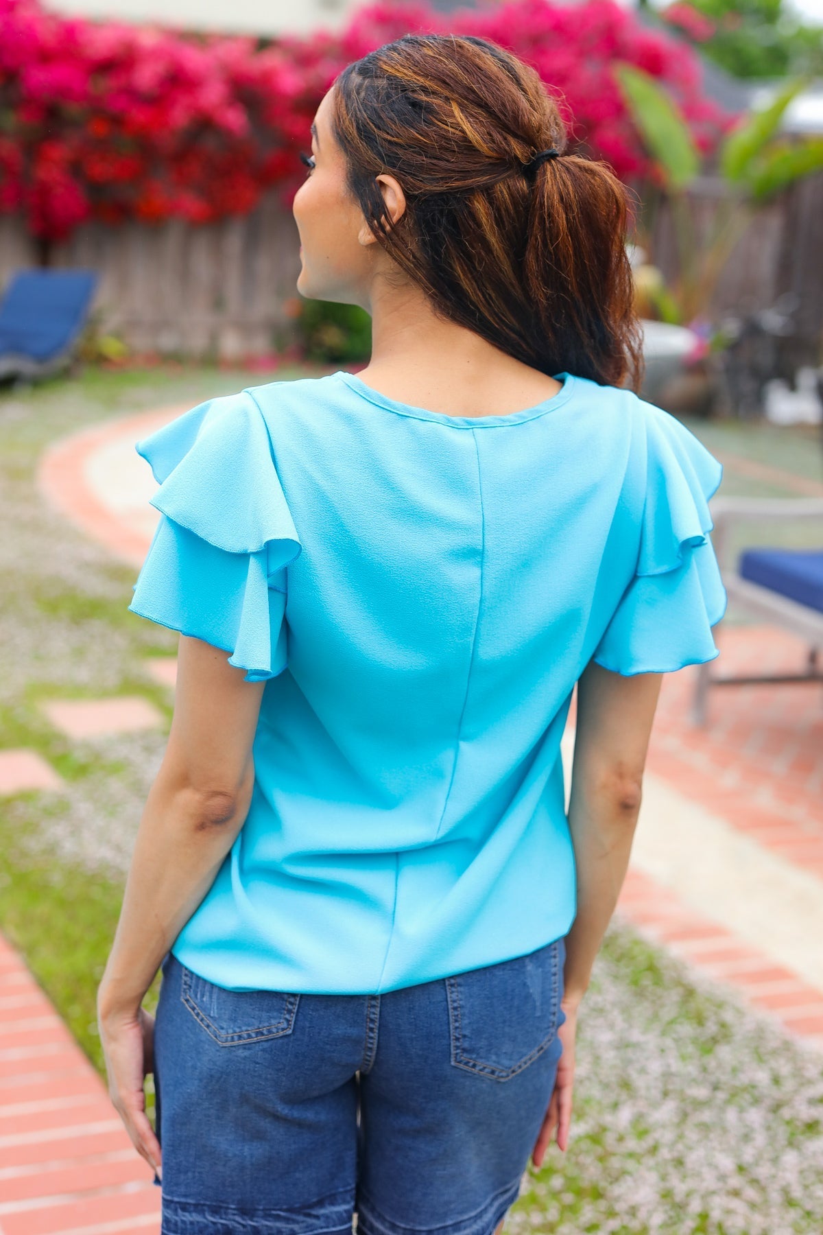 Lovely In Blue Tiered Double Ruffle Sleeve Woven Top (Open Pack)