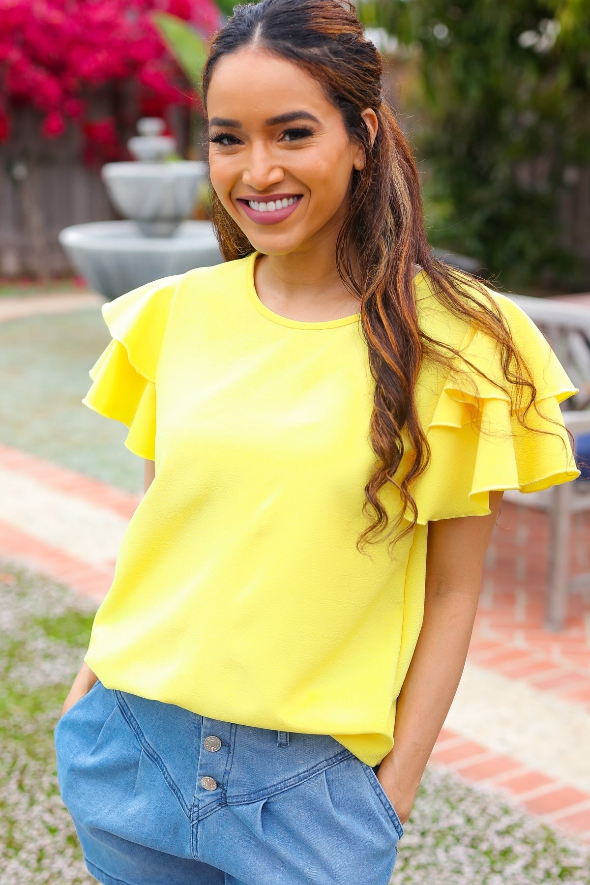 Lovely In Yellow Tiered Double Ruffle Sleeve Woven Top (Open Pack)