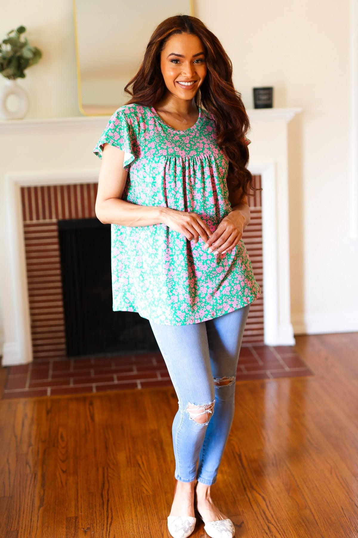 Dreamy Green & Pink Floral Yoke Ruffle Short Sleeve Top (Open Pack)