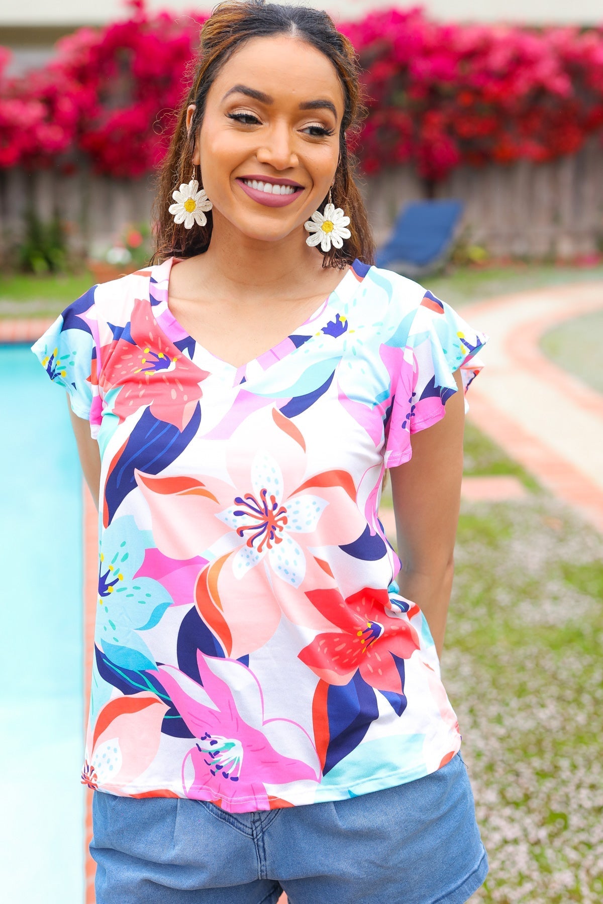 Summer Vibes Coral Tropical Print Flutter Sleeve Top (Open Pack)