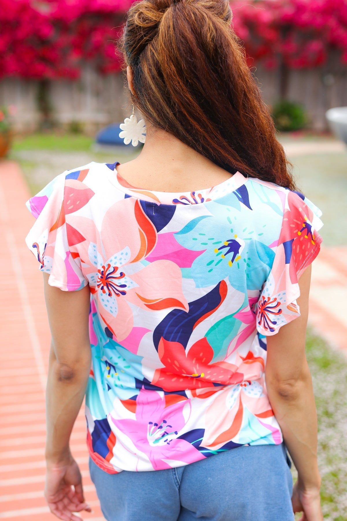 Summer Vibes Coral Tropical Print Flutter Sleeve Top (Open Pack)