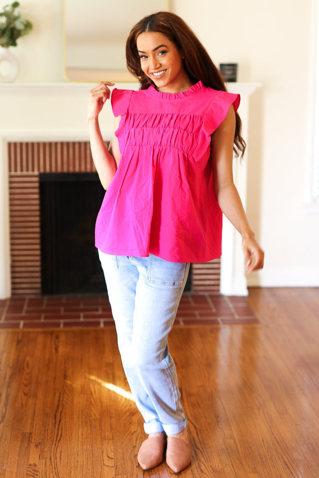 Love Life Cotton Fuchsia Frill Mock Neck Flutter Sleeve Top (Open Pack)