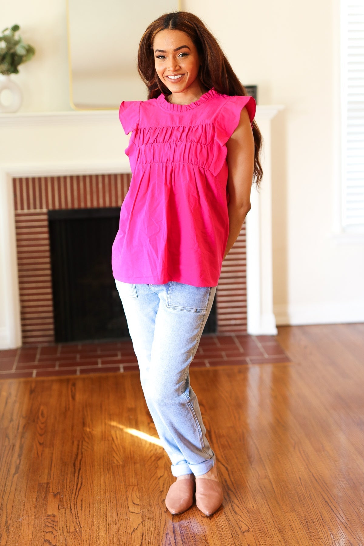 Love Life Cotton Fuchsia Frill Mock Neck Flutter Sleeve Top (Open Pack)