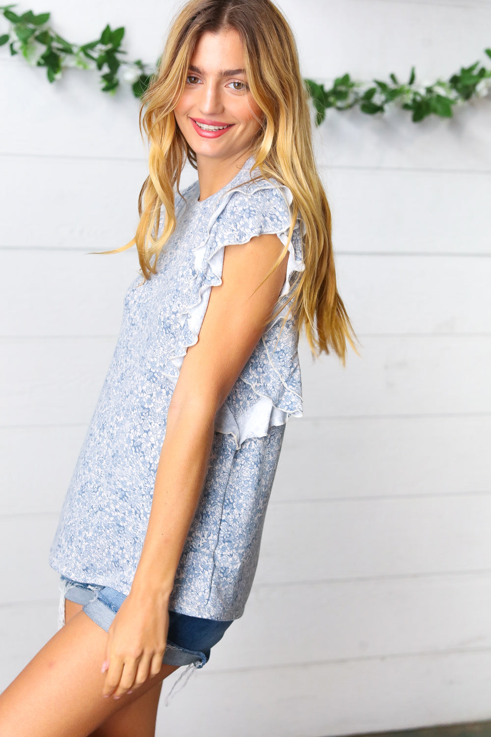 Washed Blue Floral Tiered Flutter Sleeve Top (Open Pack)