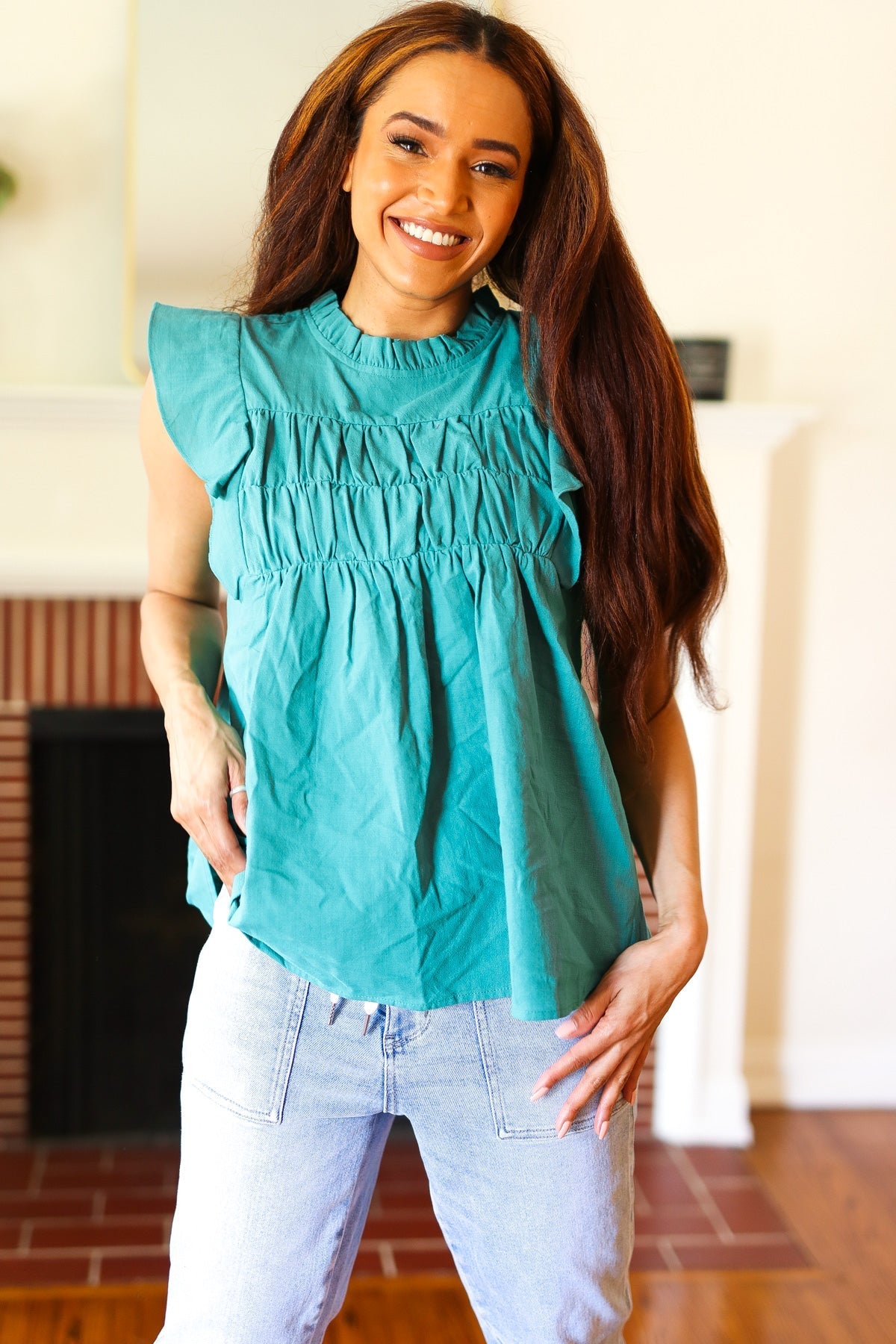 Love Life Cotton Turquoise Frill Mock Neck Flutter Sleeve Top (Open Pack)