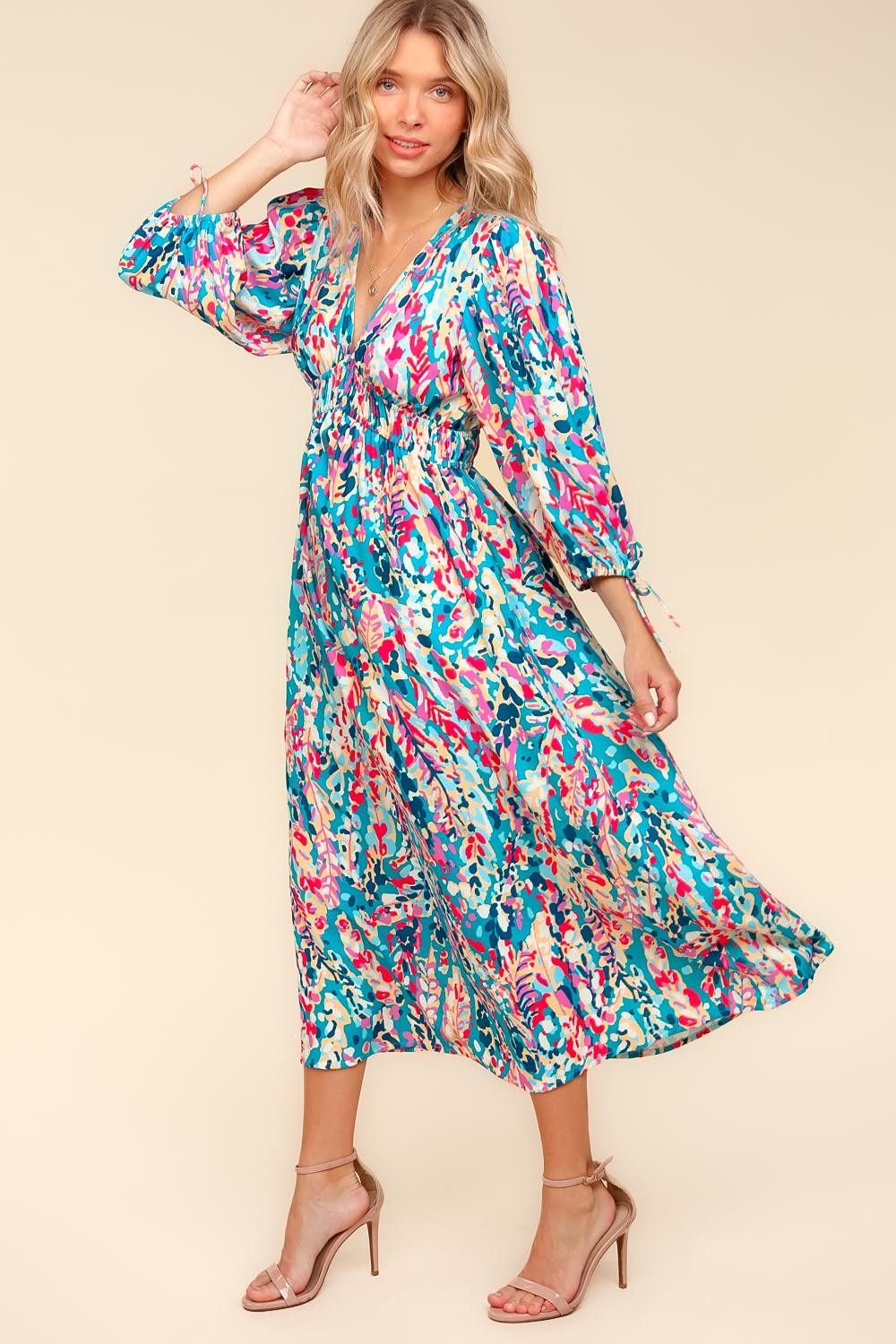 TURQUOISE VINTAGE FLORAL MIDI LENGTH WITH SIDE POCKETS
