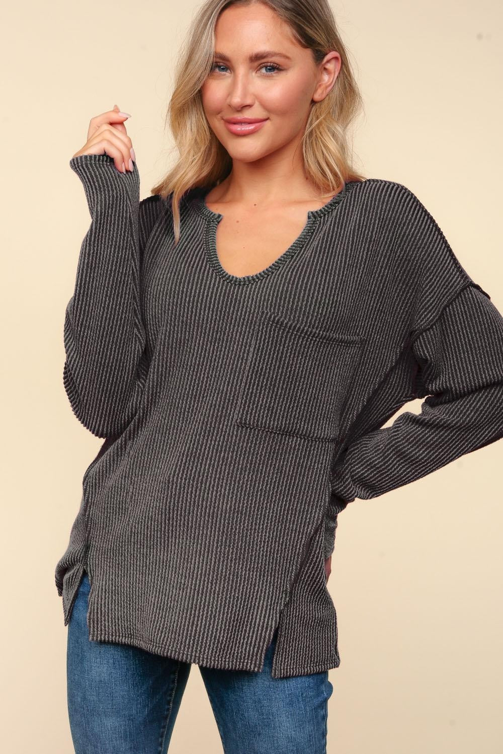 Charcoal Mineral Washed Rib Top with Slits and Pockets