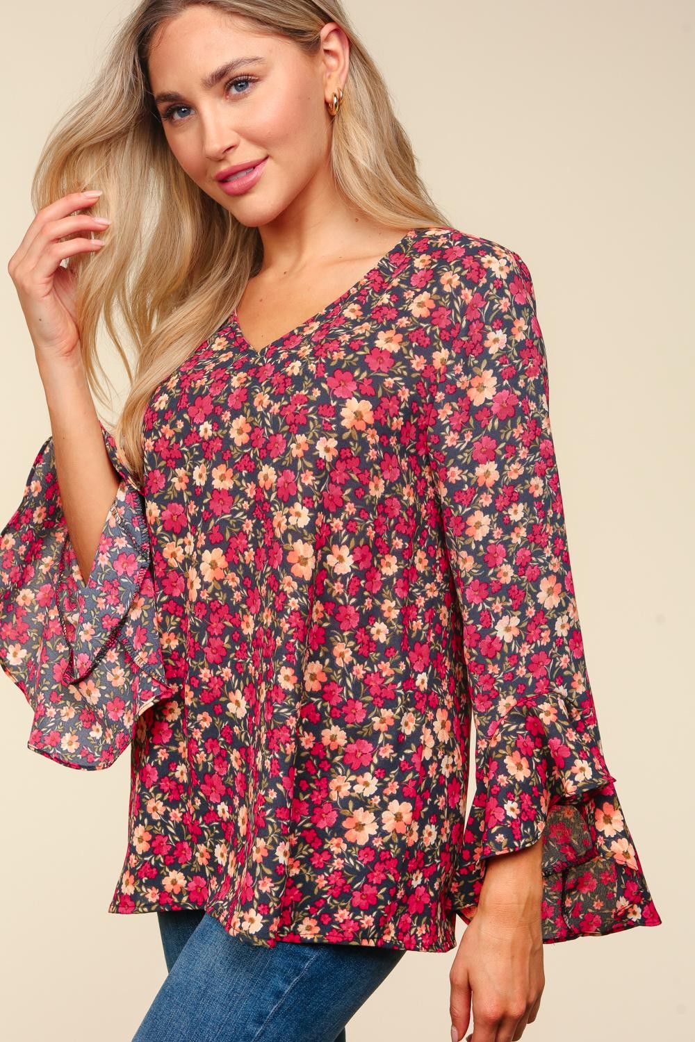 Charcoal Waterfall Hi Low Three Quarter Sleeve Woven