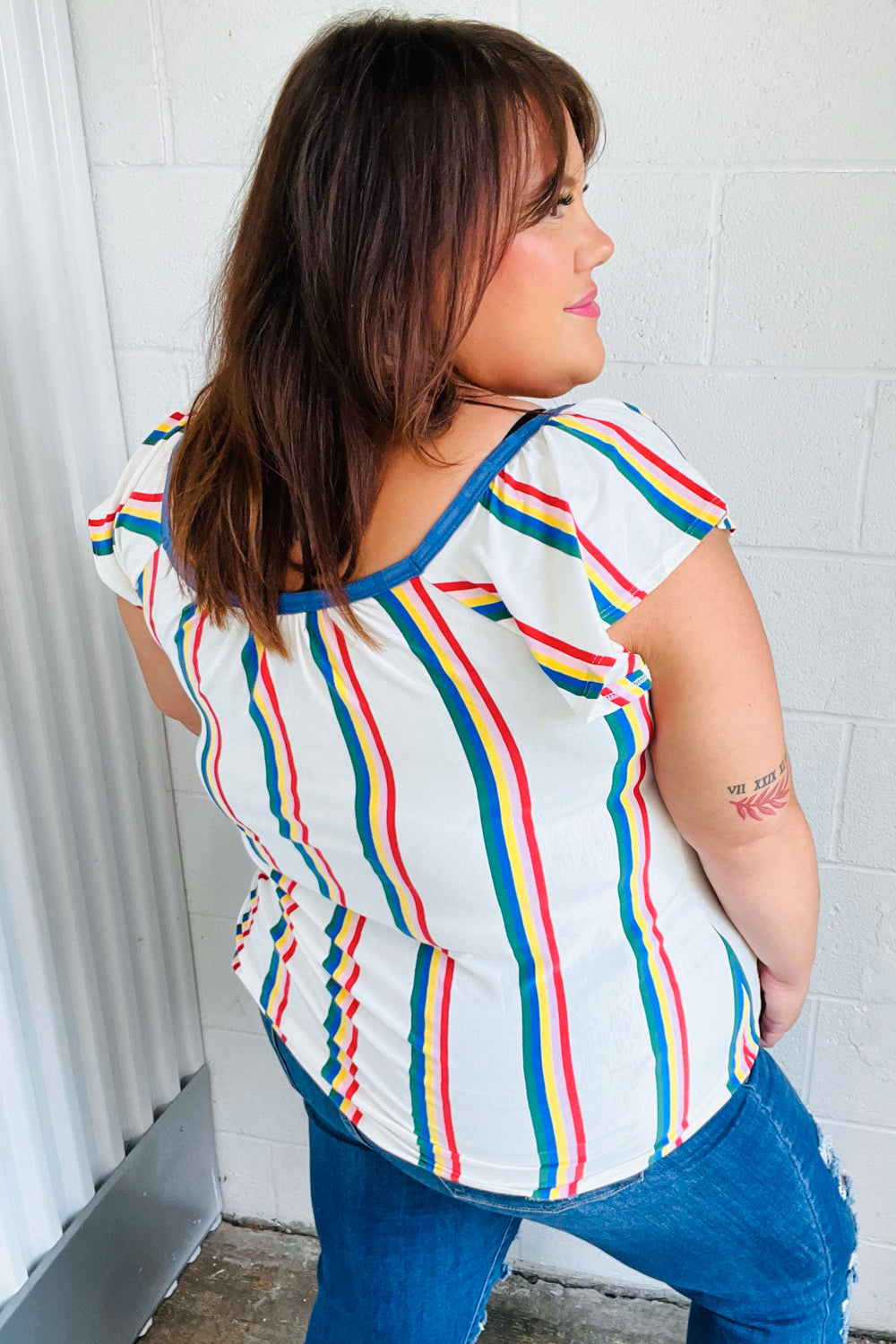Multicolor Striped Raglan Flutter Sleeve Top (Open Pack)