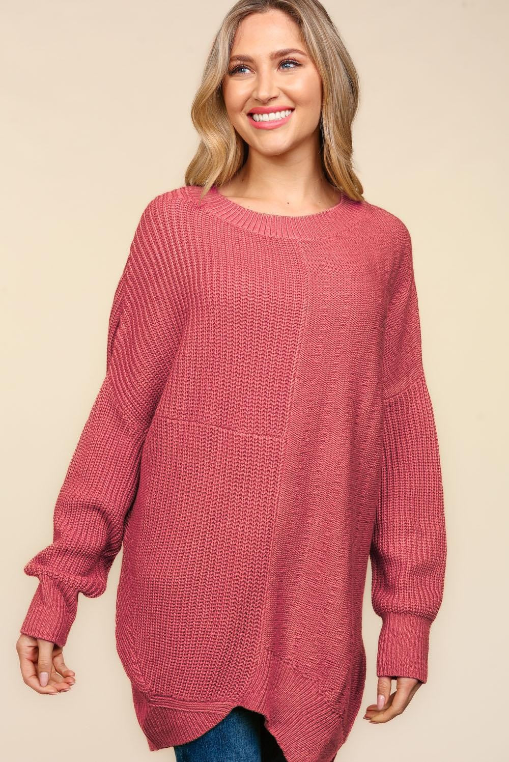 SOLID PATTERNED ASYMMETRIC SWEATER KNIT TOP