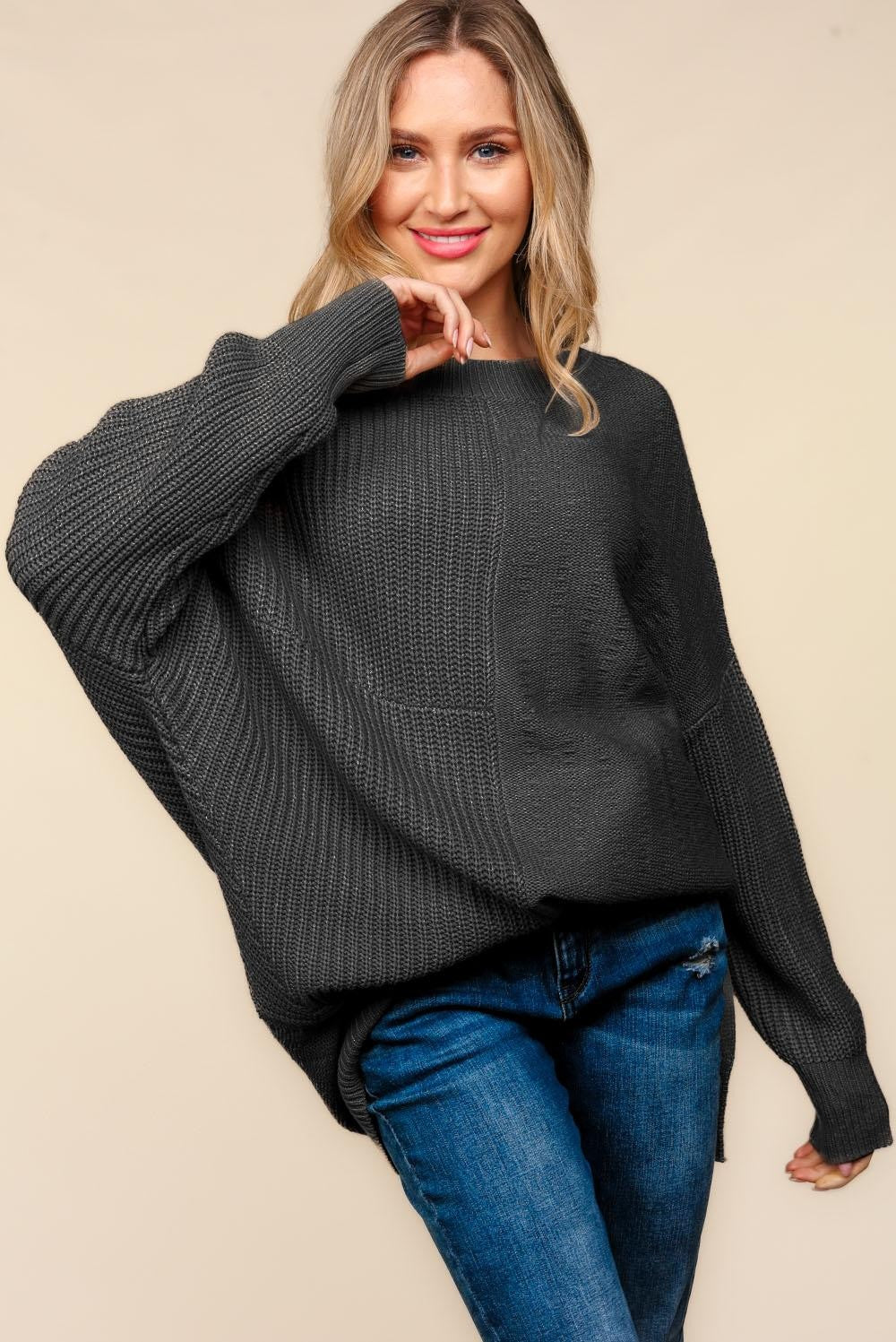 SOLID PATTERNED ASYMMETRIC SWEATER KNIT TOP