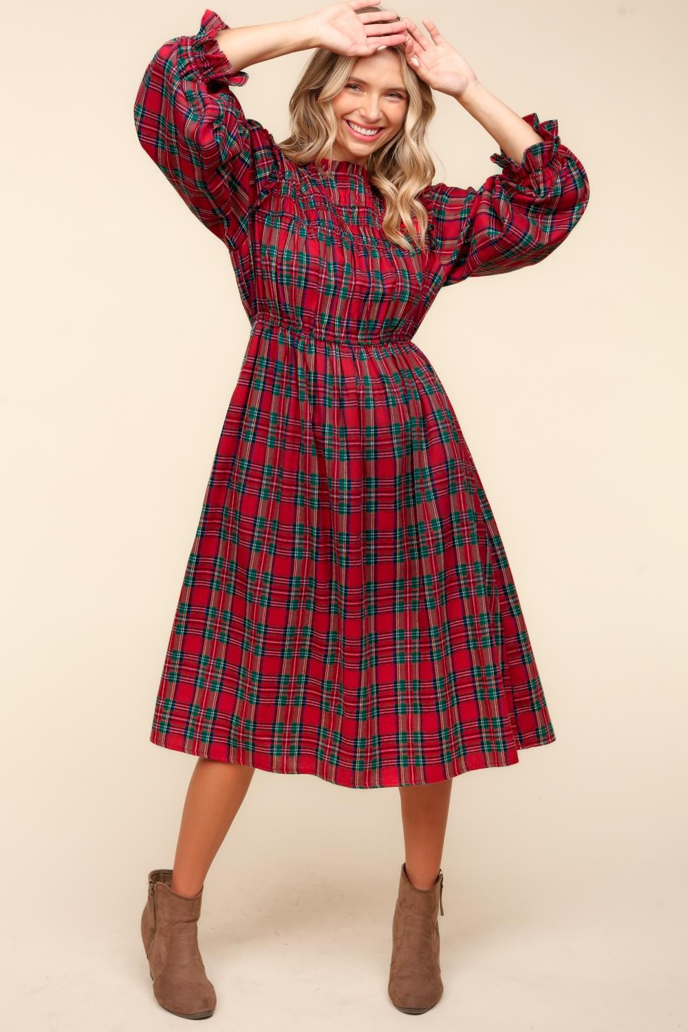 RED PLAID CHECK WOVEN DRESS WITH SIDE POCKETS