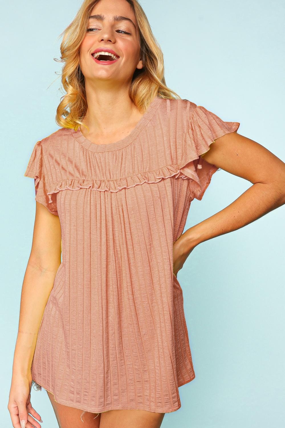 Mauve Frilled Short Sleeve Shirred Yoke Knit Top