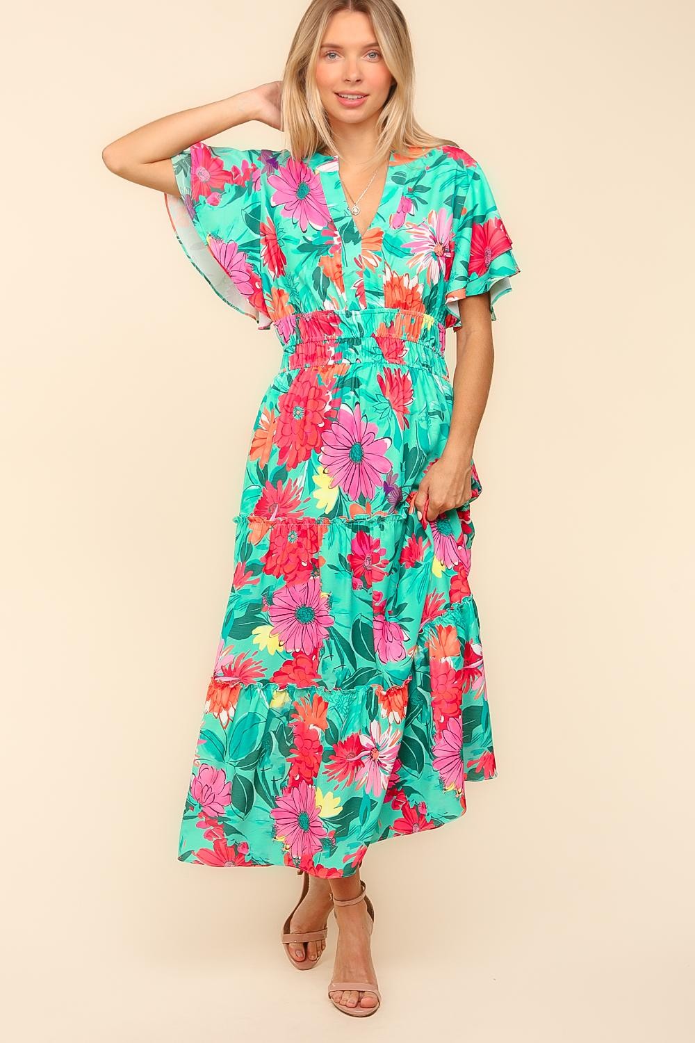 FLORAL MAXI LENGTH DRESS WITH SIDE POCKET