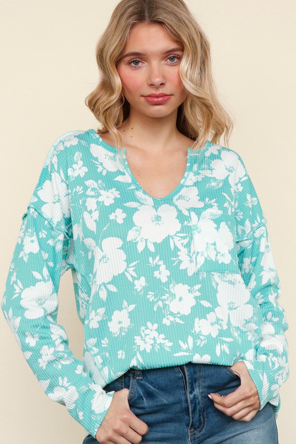 PLUS MINT NOTCH NECK LONG SLEEVE FLORAL PRINT KNIT TOP