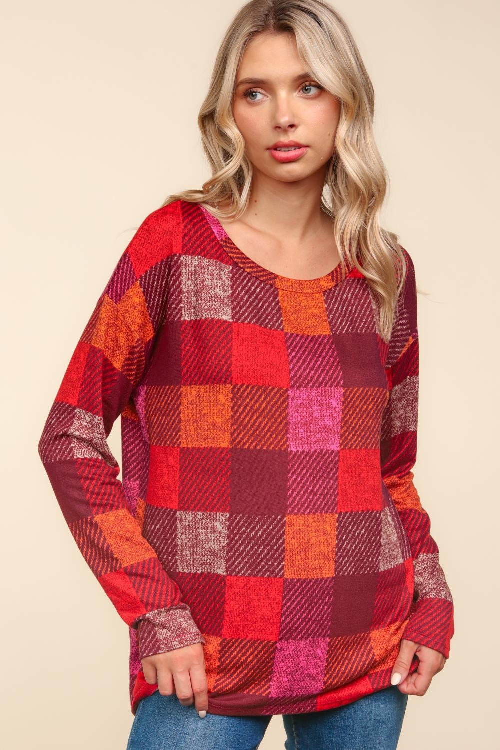Long Sleeve Checker Plaid Soft Hacci Knit Top