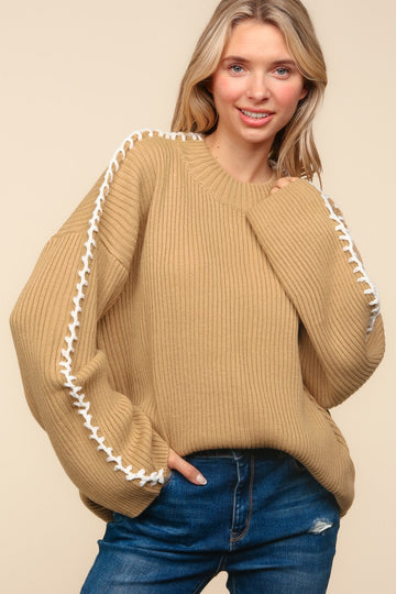 Plus Taupe Long Sleeve with Stitch Detail Sweater