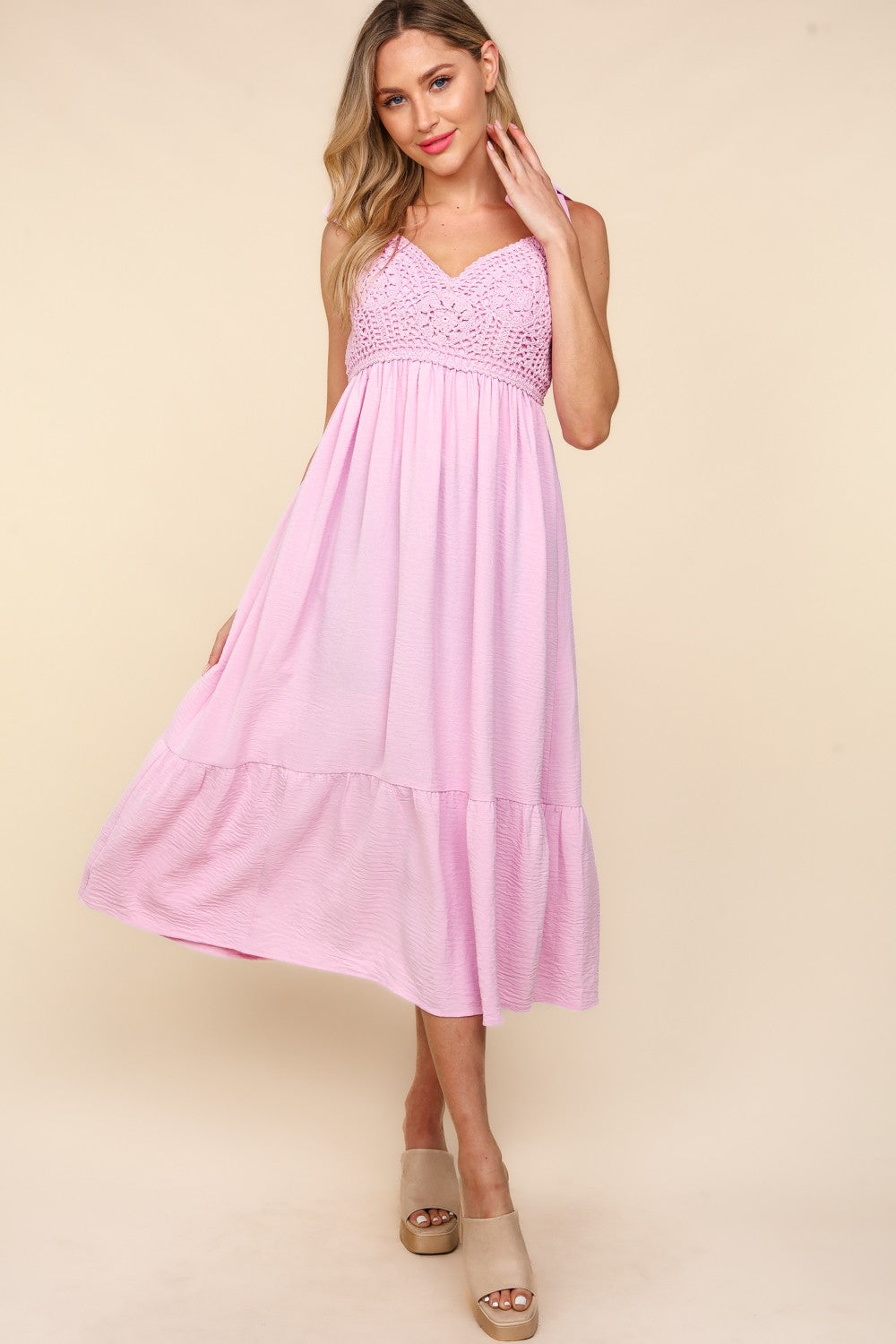 Pink Crochet Lace Woven Babydoll Midi Dress