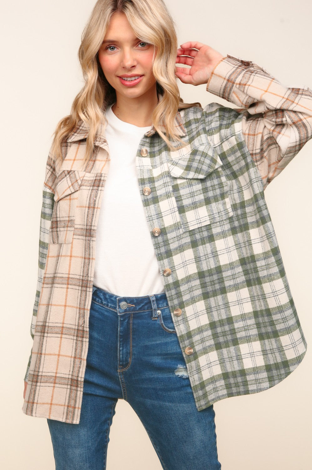 Plus Olive Flannel Plaid Check Button Down Shacket
