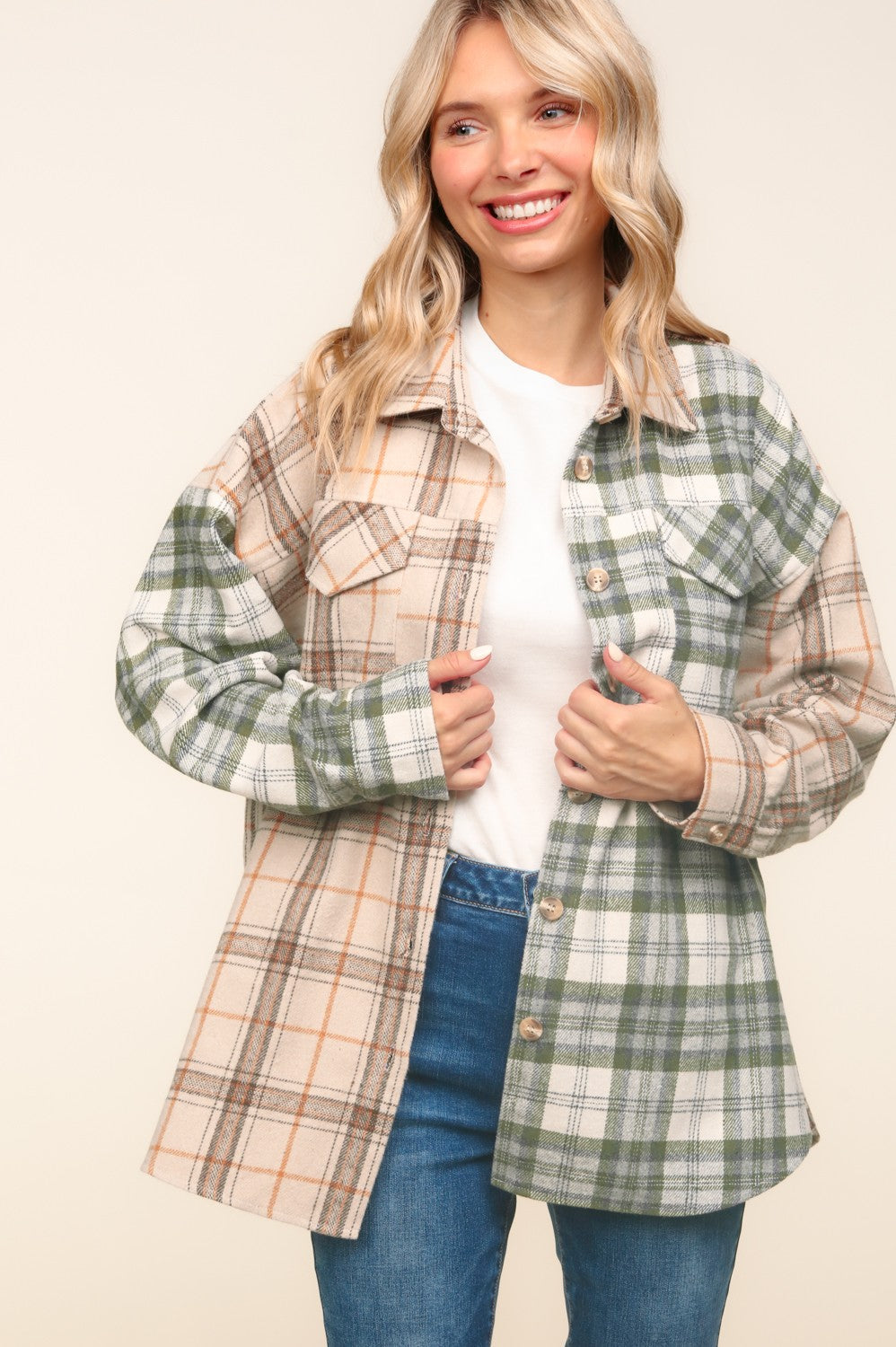 Olive Flannel Plaid Check Button Down Shacket