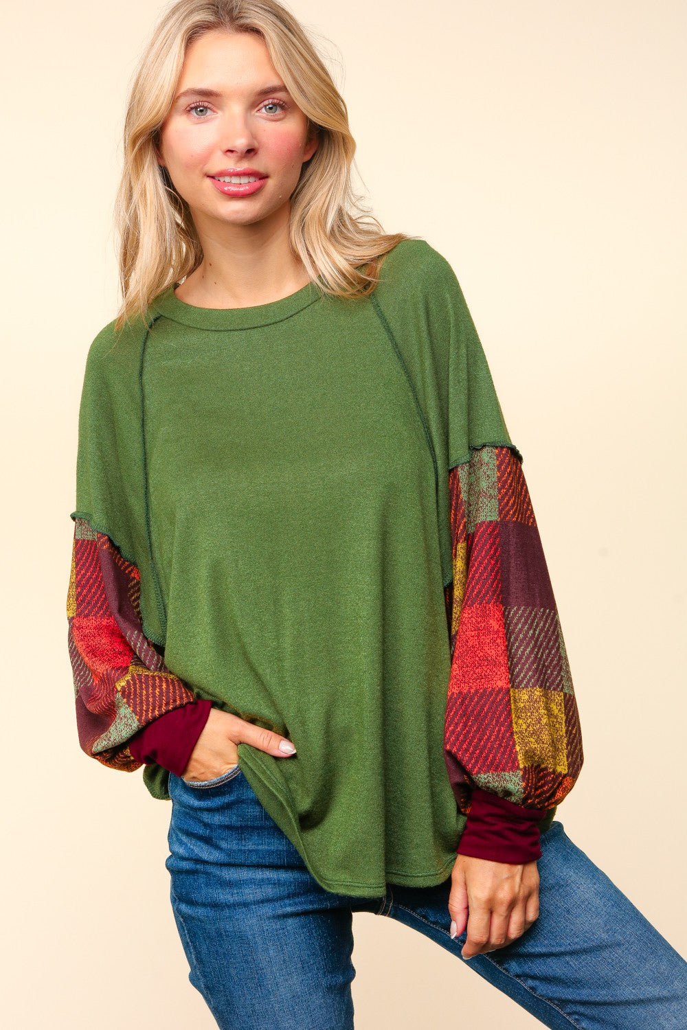 Forest Green Dolman Checker Plaid Soft Hacci Knit Top